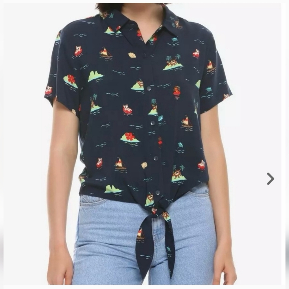 DISNEY Moana Graphic Print Tie-Front Woven Button Up Top Shirt Blouse Blue XL
